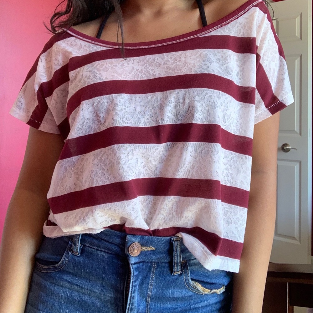 Red and White Striped Tee with Lace Overlay